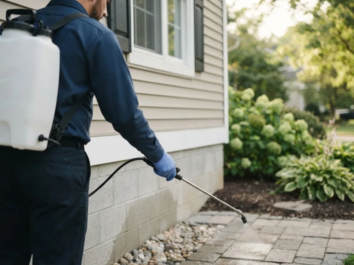 Pest control technician inspecting a home in Cambria, IL